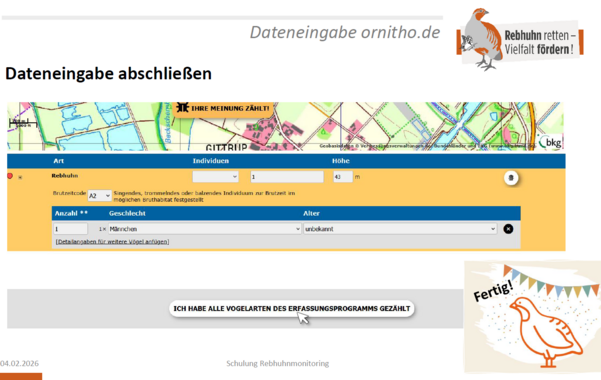 Tipps zur Dateneingabe im Rahmen des Rebhuhn-Monitorings. Bild: Screenshot DDA-Schulungsfolie