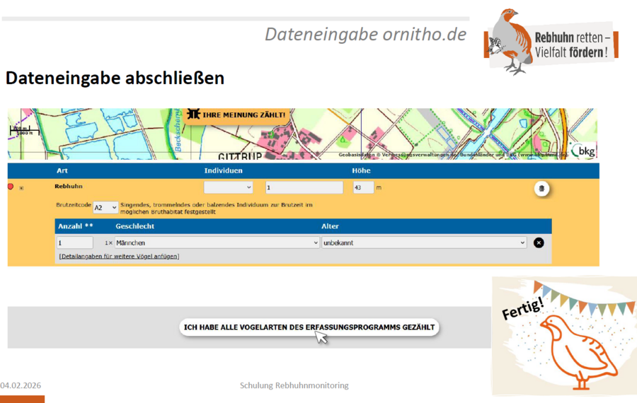 Tipps zur Dateneingabe im Rahmen des Rebhuhn-Monitorings. Bild: Screenshot DDA-Schulungsfolie