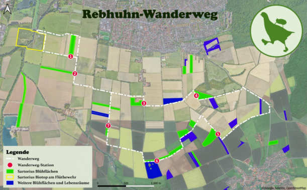 Screenshot der Übersichtskarte des Göttinger Rebhuhn-Wanderwegs